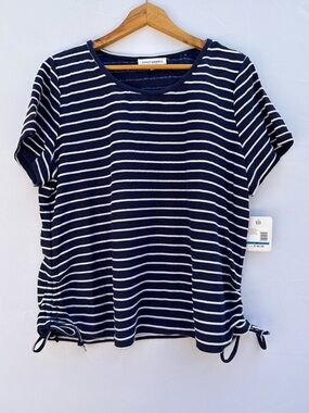 Navy Striped Women's Short Sleeve Top With Ruched Drawstrings, XL, NWT